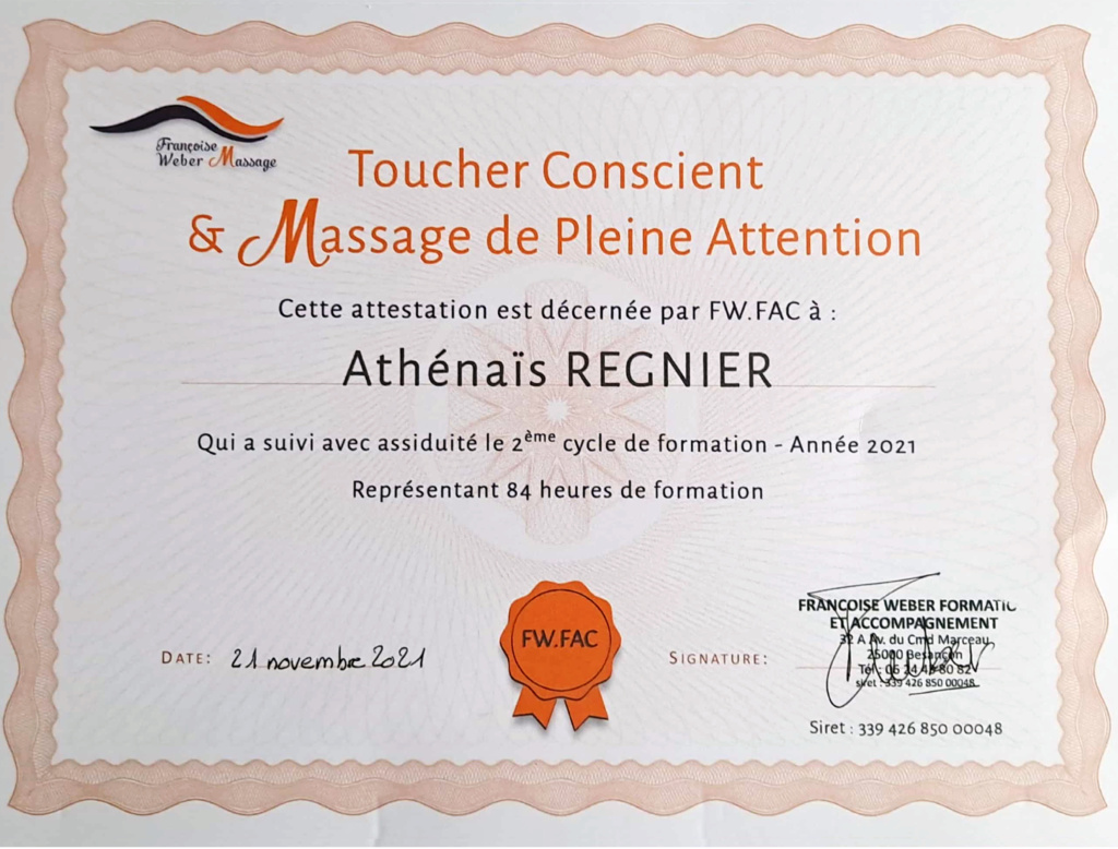 Certification Massage de Pleine Attention Athenais Regnier